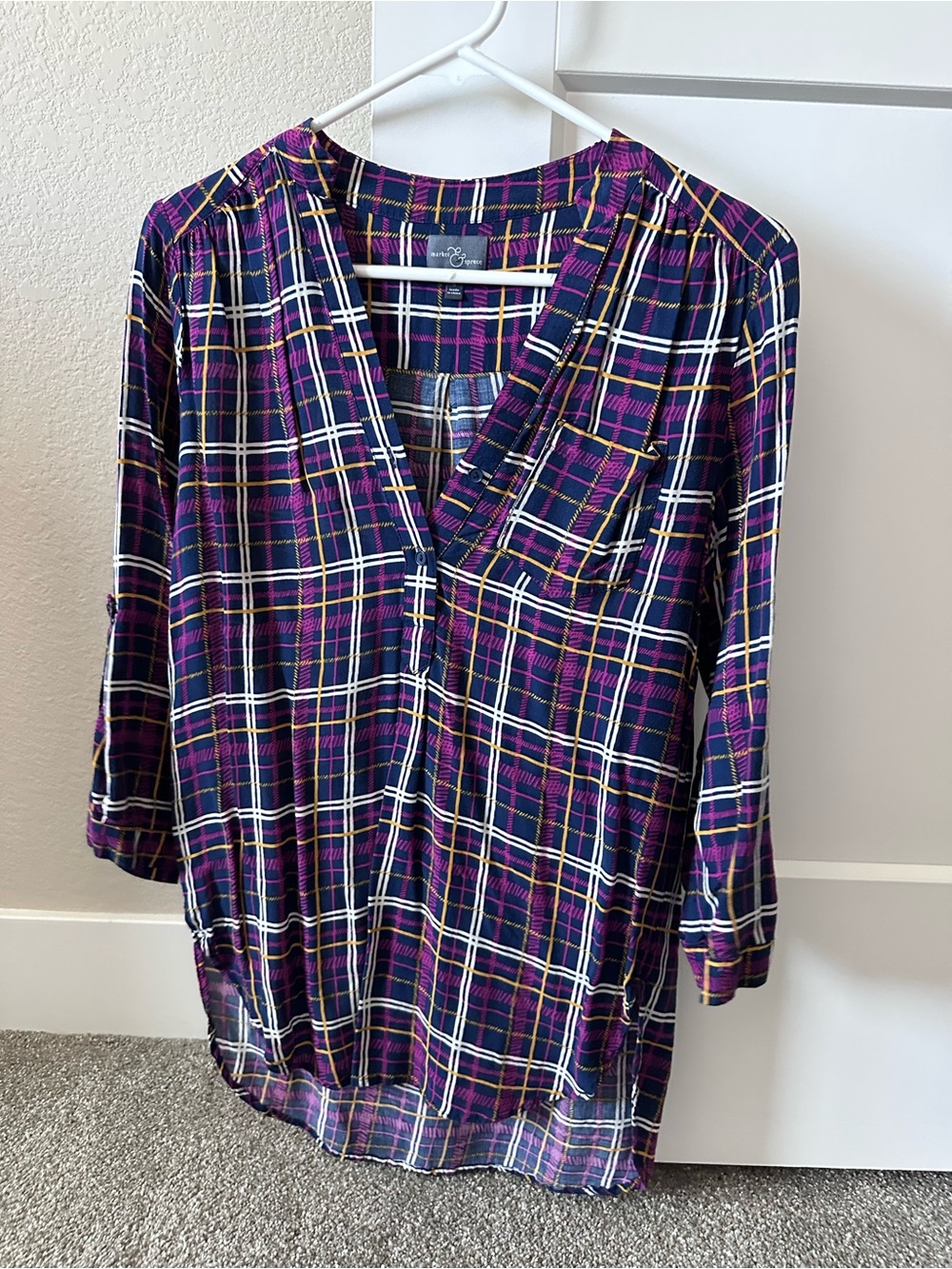 Market & Spruce Plaid Popover Blouse Navy Purple Roll Tab Sleeve S